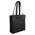 A black non-woven reusable grocery bag with dual handles and a spacious design. Features a logo on the front.