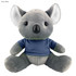 A grey koala plush toy wearing a navy blue shirt, with large ears and a round nose, featuring a logo on the shirt.