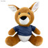 A plush kangaroo toy in brown with a navy blue shirt, featuring large ears and a friendly facial expression.
