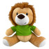 A plush lion toy with a brown mane, tan body, and wearing a green shirt, featuring a friendly smile.