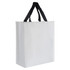 A white paper bag with black handles and a logo on one side, featuring a simple and sleek design.