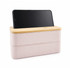 A pink eco lunch box with a bamboo lid and a phone holder, featuring a simple and modern design.