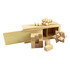 A wooden brain teaser puzzle set featuring various geometric shapes and a storage box in natural wood tones.