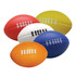 A collection of five stress balls styled like miniature rugby balls in red, orange, yellow, white, and blue. Each has a logo.
