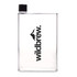 A drink bottle with a clear body, black cap, and a mountain logo. It features a minimalist design.