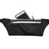 A black waist fitness belt with a front zip pocket and a smartphone partially inserted. It features a logo.