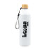 A drink bottle in matte white with a bamboo lid and a black logo. Features a convenient carry strap.