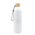 A drink bottle in white with a natural bamboo lid and a black strap. It includes a logo on its surface.