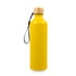 A drink bottle in bright yellow with a bamboo lid and a black strap, featuring a logo.