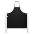 A black canvas apron featuring a front pocket and ties at the waist. It has a logo in the design.