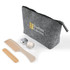 A grey toiletry bag with a zip, containing a comb, wooden stick, and two containers. The bag features a logo.
