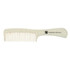 A white comb with a textured finish and a logo on the handle.