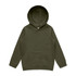 A green hoodie featuring a front pocket and a hood, designed for kids. It has a logo on the label.