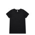 A black T-shirt featuring a round neckline and short sleeves, with a logo on the label.