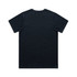 A black t-shirt featuring a simple design and a logo on the back.