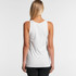 A white singlet viewed from the back, featuring a fitted design. The model has long, straight hair.
