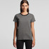 A striped grey T-shirt with a black neckline, displayed on a model against a plain background.