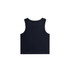 A black organic rib crop tank top featuring a sleeveless design and a simple back. It has a logo.