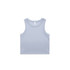A light blue ribbed crop tank top with wide straps and a simple design. It has a logo on the label.