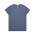A faded blue T-shirt featuring a round neckline and short sleeves. It has a branding logo.