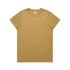 A plain mustard-yellow T-shirt with a round neckline and short sleeves. It features a branding logo.