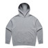 A grey hoodie featuring a front pocket and a hood, with a logo on the design.