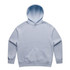A light blue hoodie with a front pocket and a hood, featuring a logo on the front.