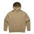 A beige hoodie with a front pocket and a large hood, featuring a logo on the front.