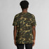 A camouflage T-shirt in green and brown tones, featuring a branding logo on the back.