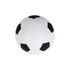 A white soccer ball stress reliever with black patches, featuring a smooth surface and one logo.