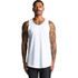 A white singlet featuring a classic cut, modelled by a person with tattoos, and has a logo on it.