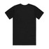 A black organic T-shirt with short sleeves and a plain back, featuring a logo.