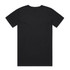 A black t-shirt with a plain back and short sleeves, featuring a logo at the neck area.