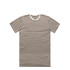 A brown and white striped t-shirt with a round neck and short sleeves, featuring a logo.