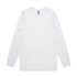 A long-sleeved white T-shirt with a round neckline and a logo at the neckline.