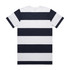A Wide Stripe Tee featuring alternating navy and white stripes, with a simple design and a logo on the back.