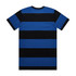 A blue and black striped T-shirt featuring a logo. The design includes wide horizontal stripes.