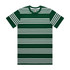 A green and white striped t-shirt featuring a logo on the label. Casual and stylish design.