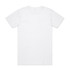 A plain white t-shirt with a standard crew neckline and short sleeves, featuring a logo on the back.