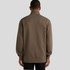 A neutral brown sweater with a stand-up collar and long sleeves, featuring a logo on the back.