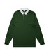 A dark green rugby jersey with a white collar and long sleeves. It features a small opening at the neck and has a logo.