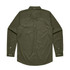 A green denim wash button-up shirt with long sleeves and a back pleat, featuring a logo.