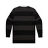 A back view of a Rugby Stripe T-shirt featuring black and grey horizontal stripes, with a white collar and a logo.