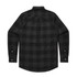 A black check shirt with long sleeves and a button-up front, featuring a collar and a logo.