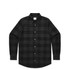 A button-up check shirt in black with a plaid pattern, featuring long sleeves and two chest pockets.