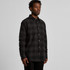 A button-up shirt in black and grey check pattern, featuring long sleeves and a collar, with a logo present.