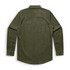 An olive green button-up shirt with long sleeves and a pointed collar, featuring a back yoke and no visible branding.
