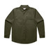 An olive green long-sleeve work shirt with a button-down collar and two chest pockets. Features a logo.