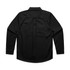 A black long-sleeved work shirt with a button-down collar and a back pleat, featuring a logo on the sleeve.