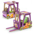 A wooden model of a forklift in purple and orange, featuring detailed parts and wheels for fun puzzle play.